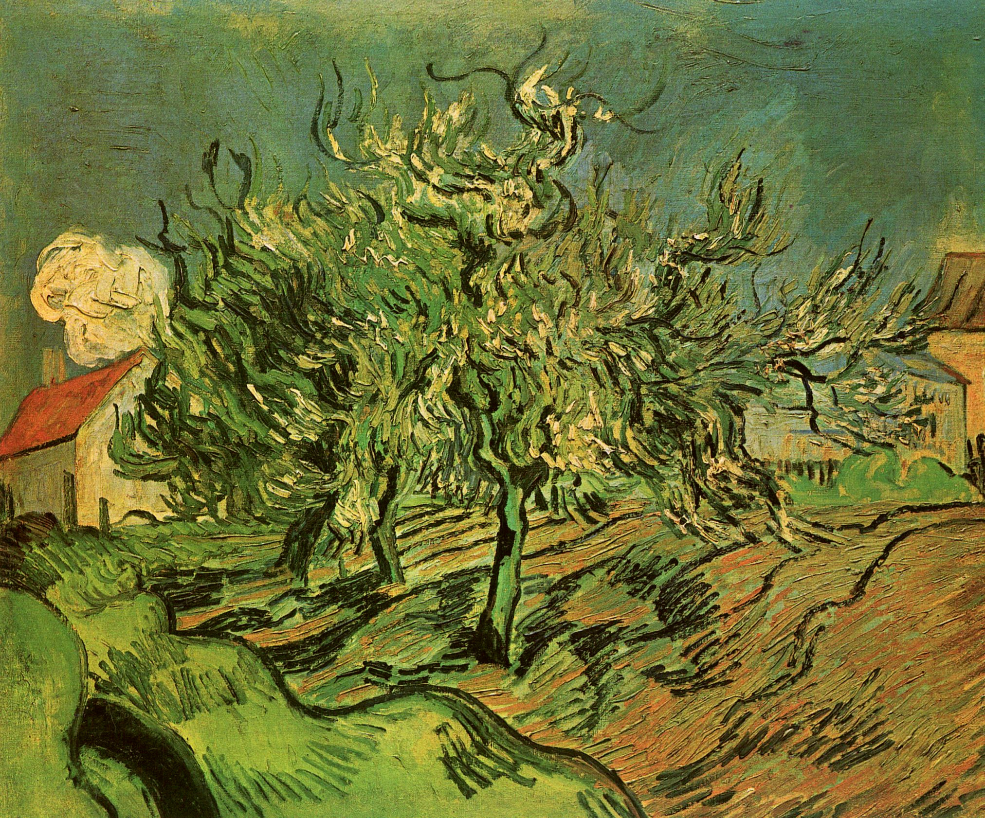 Картина Ван Гога Пейзаж с тремя деревьями и домами 1890